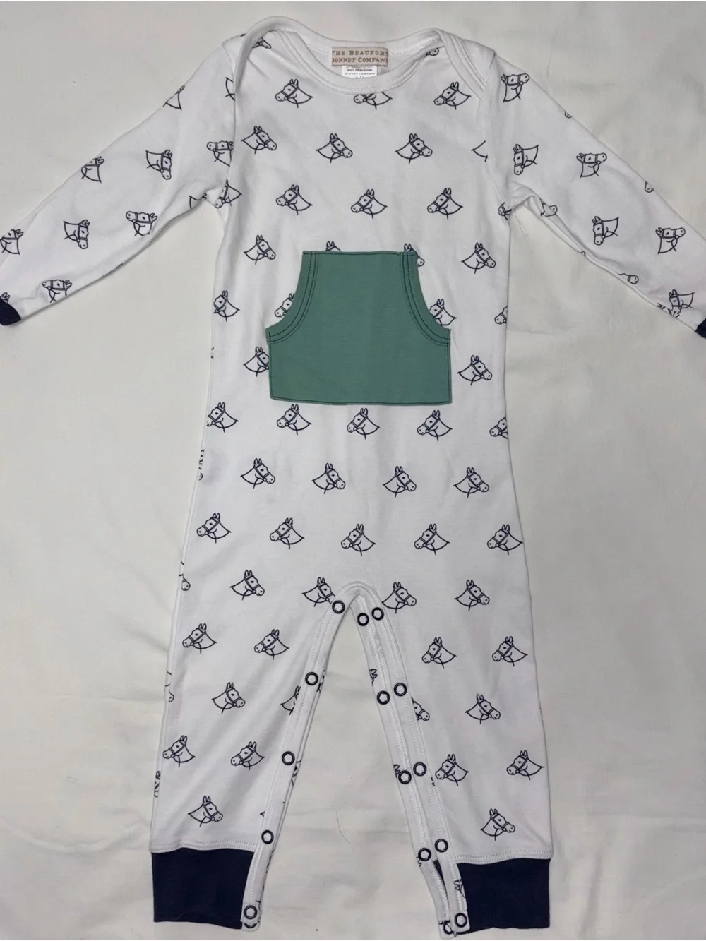 The Beaufort Bonnet Co romper with horses and elbow patches sz 6-12 mo NWOT